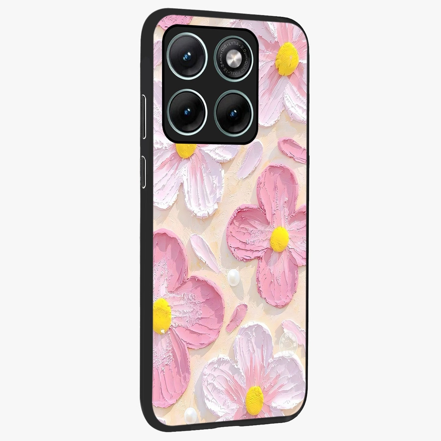 Blush Bloom Texture Glass Case upright view showcasing delicate blush floral texture with modern minimal style.
