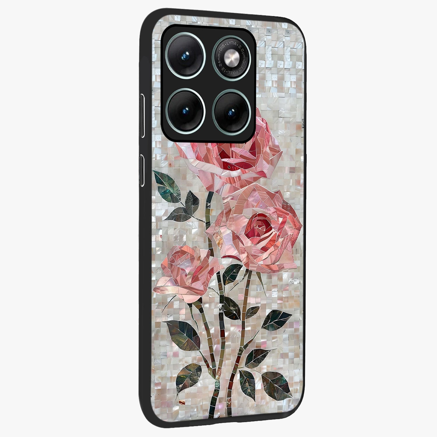 Blush Mosaic Bloom Glass Case upright view showcasing decorative floral mosaic artwork with stylish modern aesthetic.