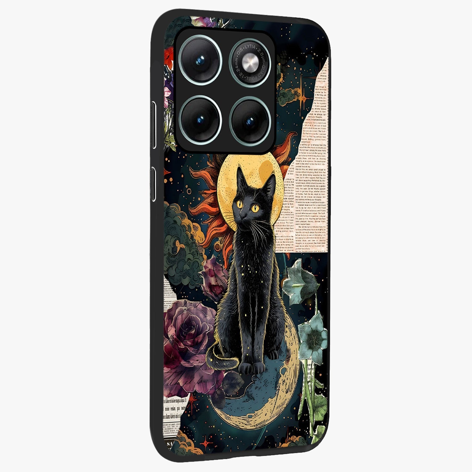 Celestial Black Cat Glass Case upright view showcasing magical black cat illustration with starry cosmic theme.
