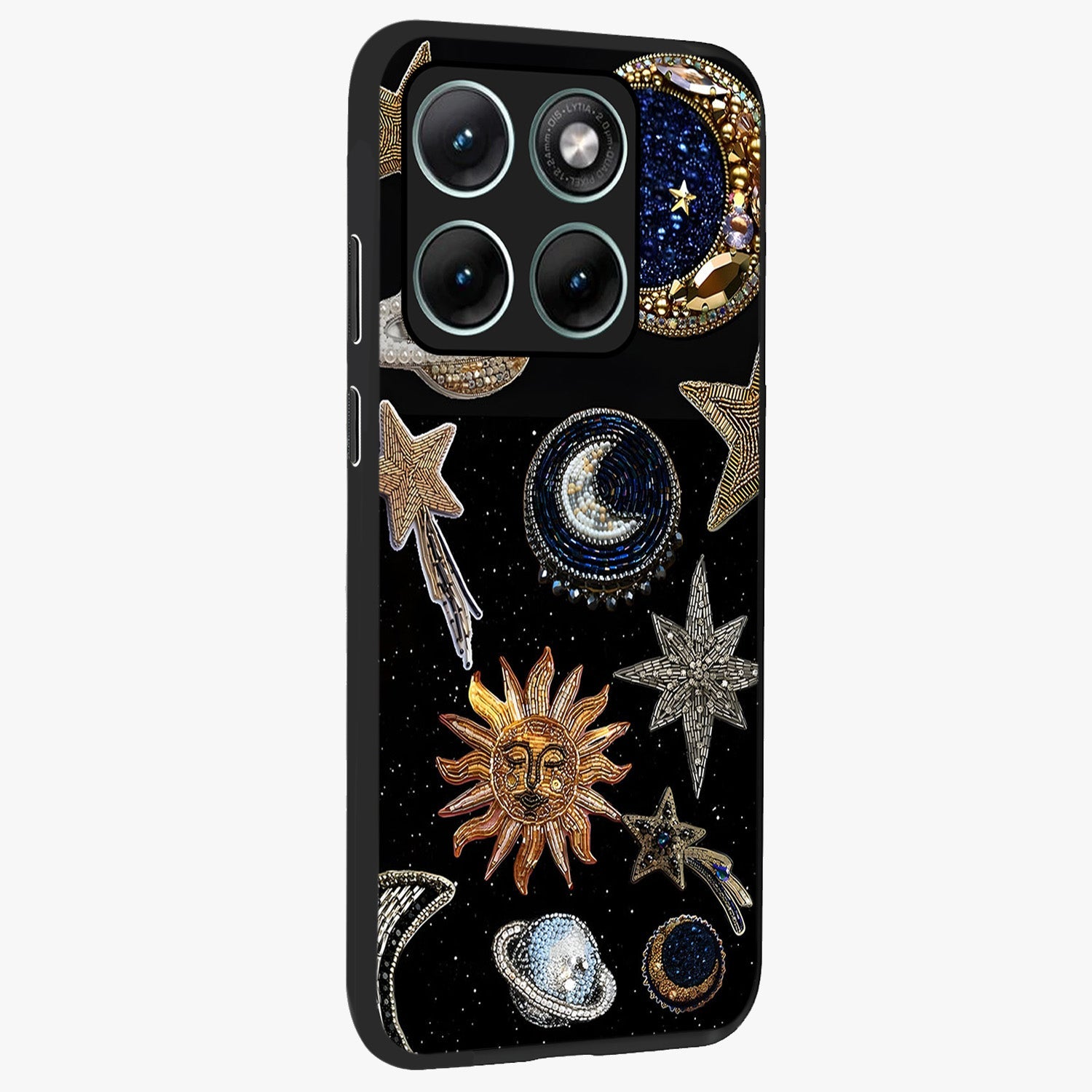 Celestial Gem Constellations Glass Case upright view showcasing cosmic constellation artwork with celestial aesthetic style.