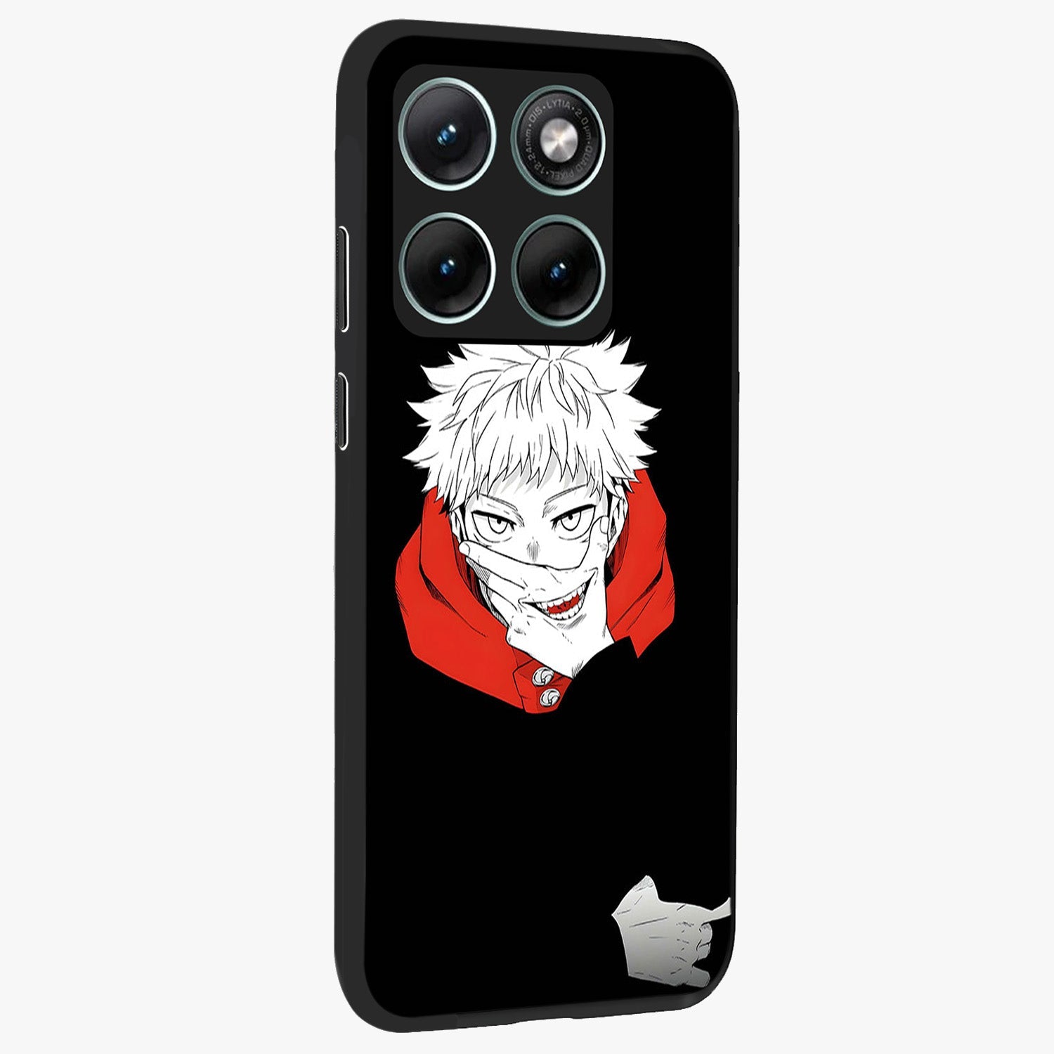 Crimson Chaos Smile Glass Case upright view showcasing expressive chaotic artwork with striking visual theme.