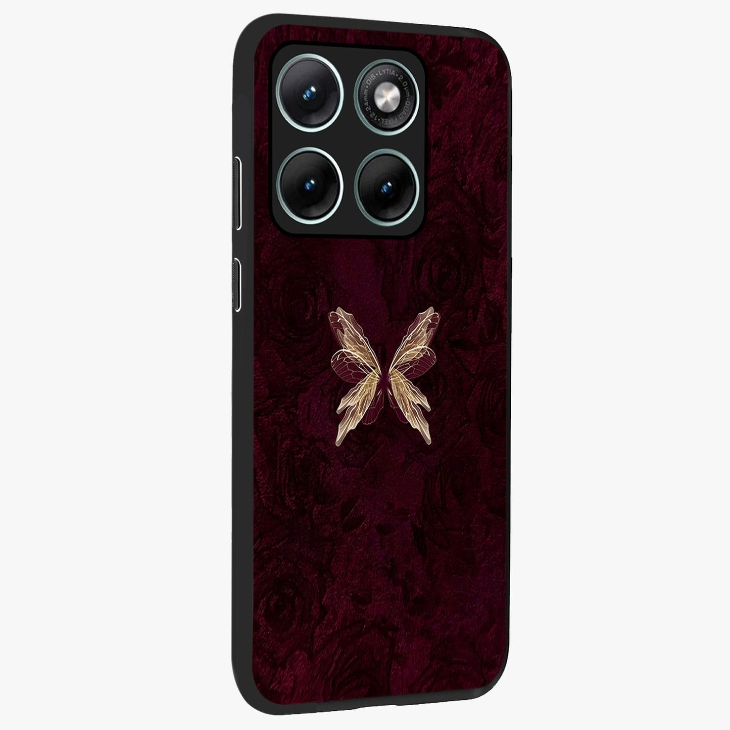 Crimson Fade Butterfly Glass Case upright view showcasing graceful butterfly artwork with soft crimson fade effect.