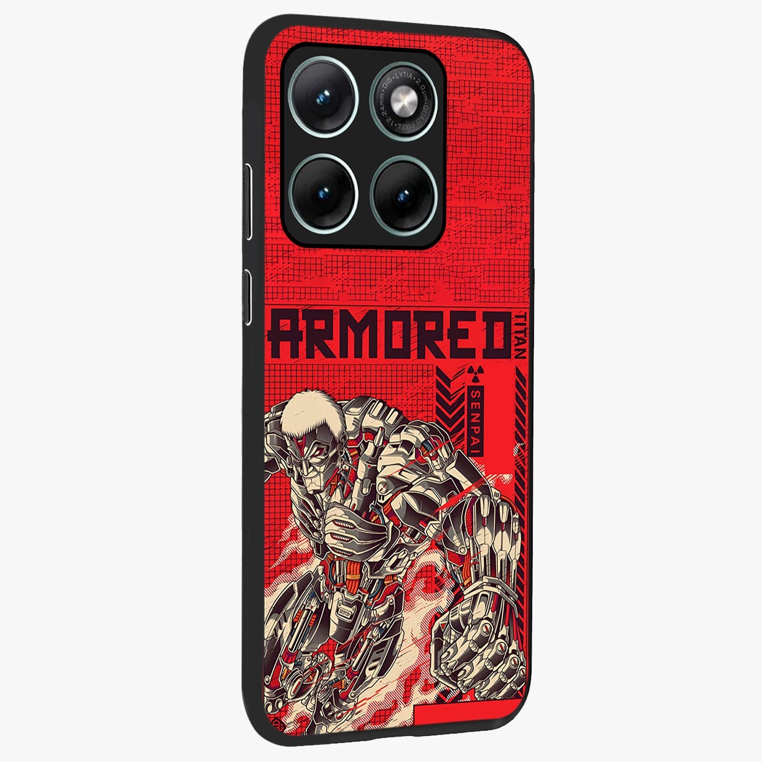 Crimson Mecha Titan Glass Case upright view showcasing dynamic robotic titan design with sci-fi inspired theme.