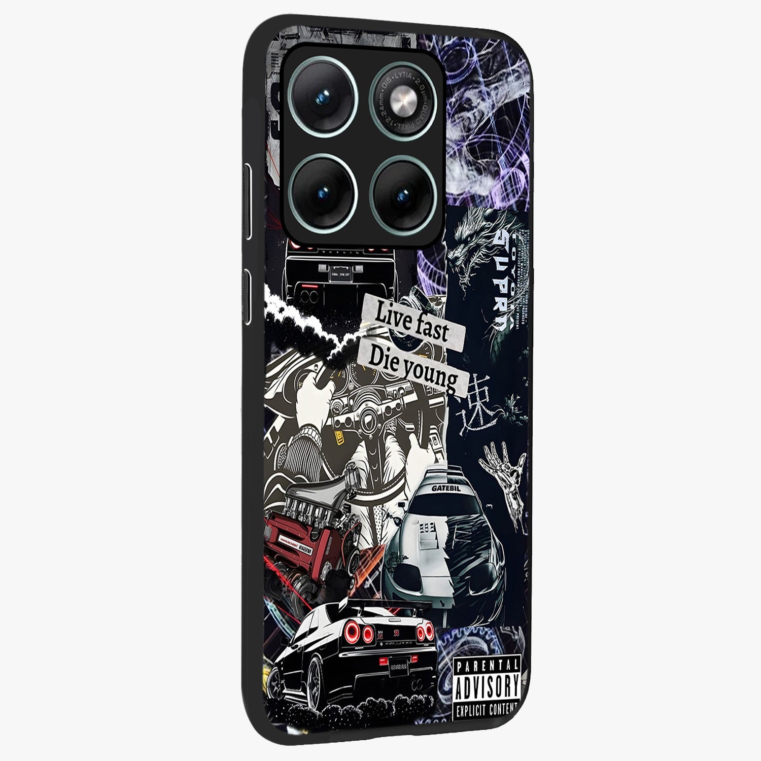 Die Young Glass Case upright view showcasing striking typography artwork with modern statement theme.