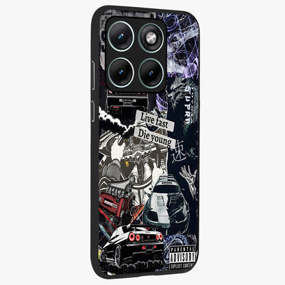 Die Young Glass Case upright view showcasing striking typography artwork with modern statement theme.