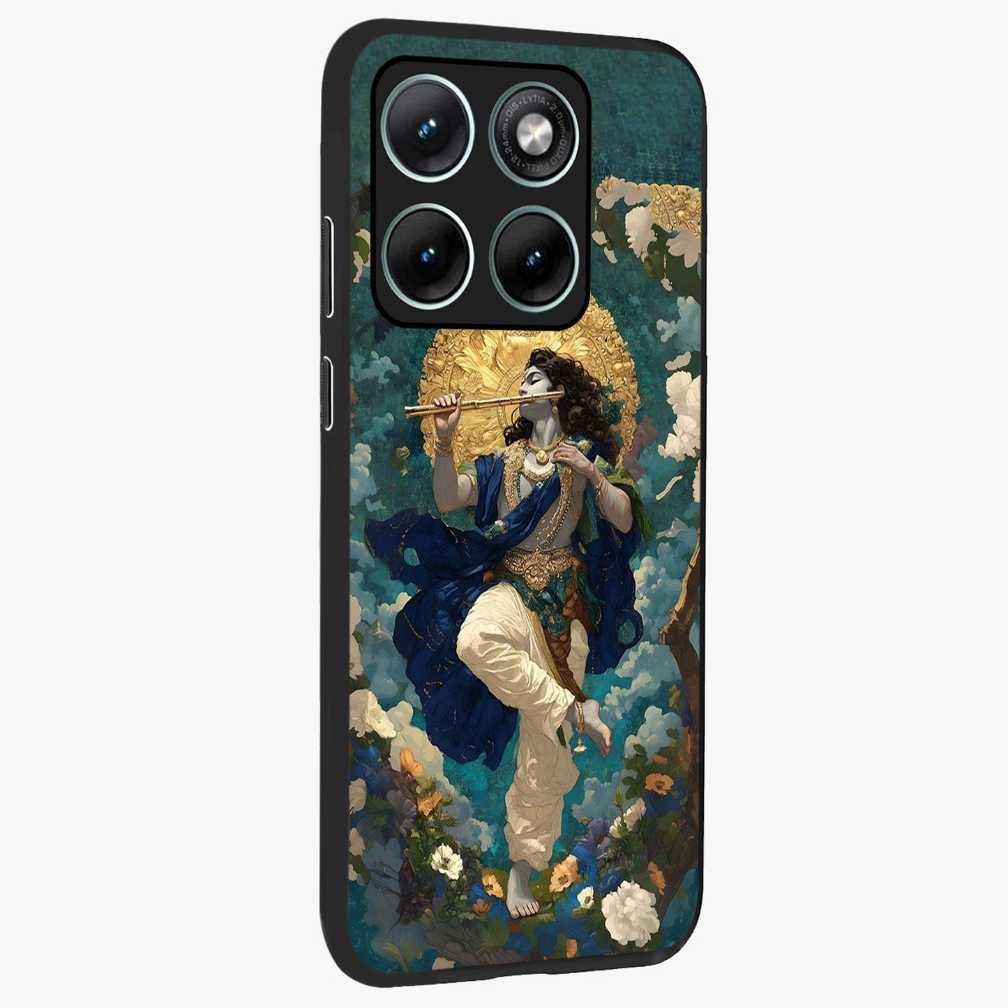 Divine Krishna Art Glass Case upright view showcasing divine Krishna artwork with sacred artistic theme.