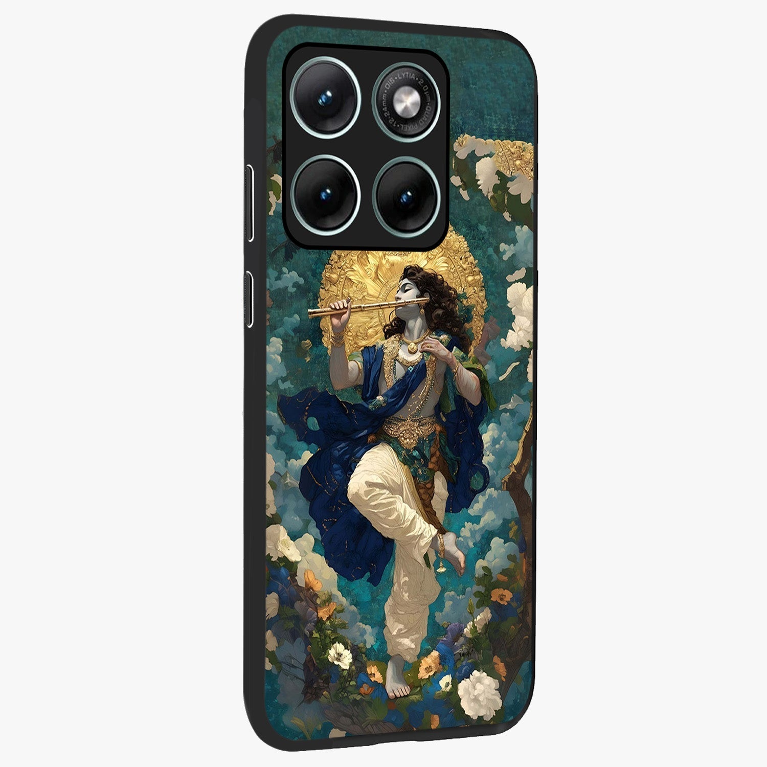 Divine Krishna Art Glass Case upright view showcasing divine Krishna artwork with sacred artistic theme.