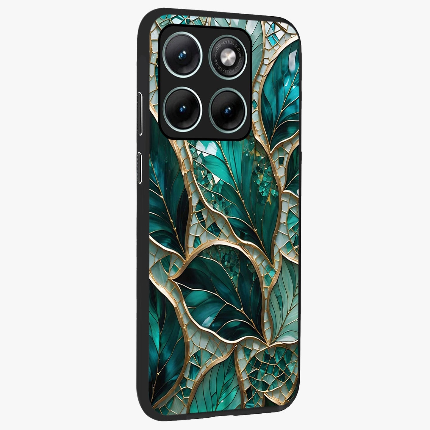 Emerald Leaf Glass Glass Case upright view showcasing fresh green leaf artwork with calming nature inspired style.