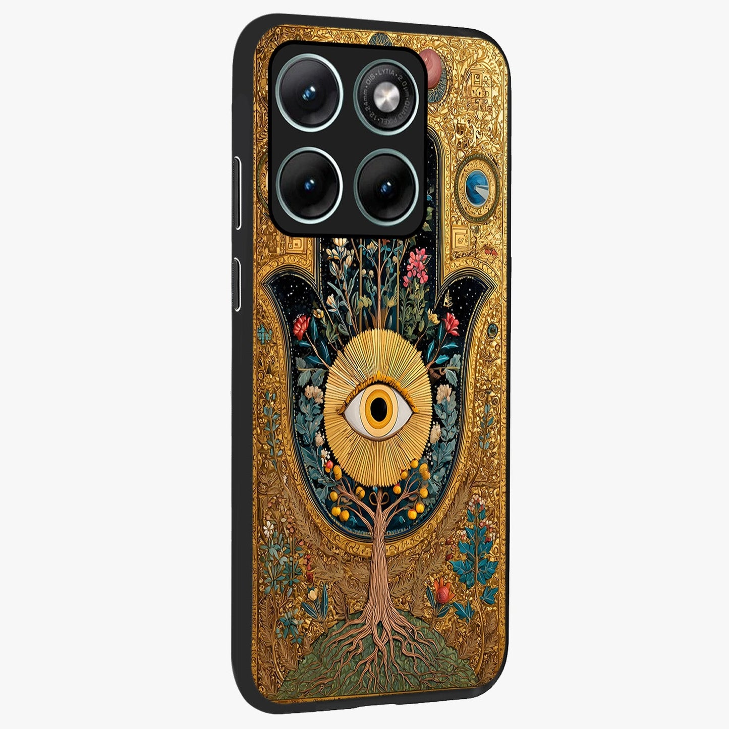 Ethereal Evil Eye Glass Case upright view showcasing celestial evil eye artwork with mystical theme.