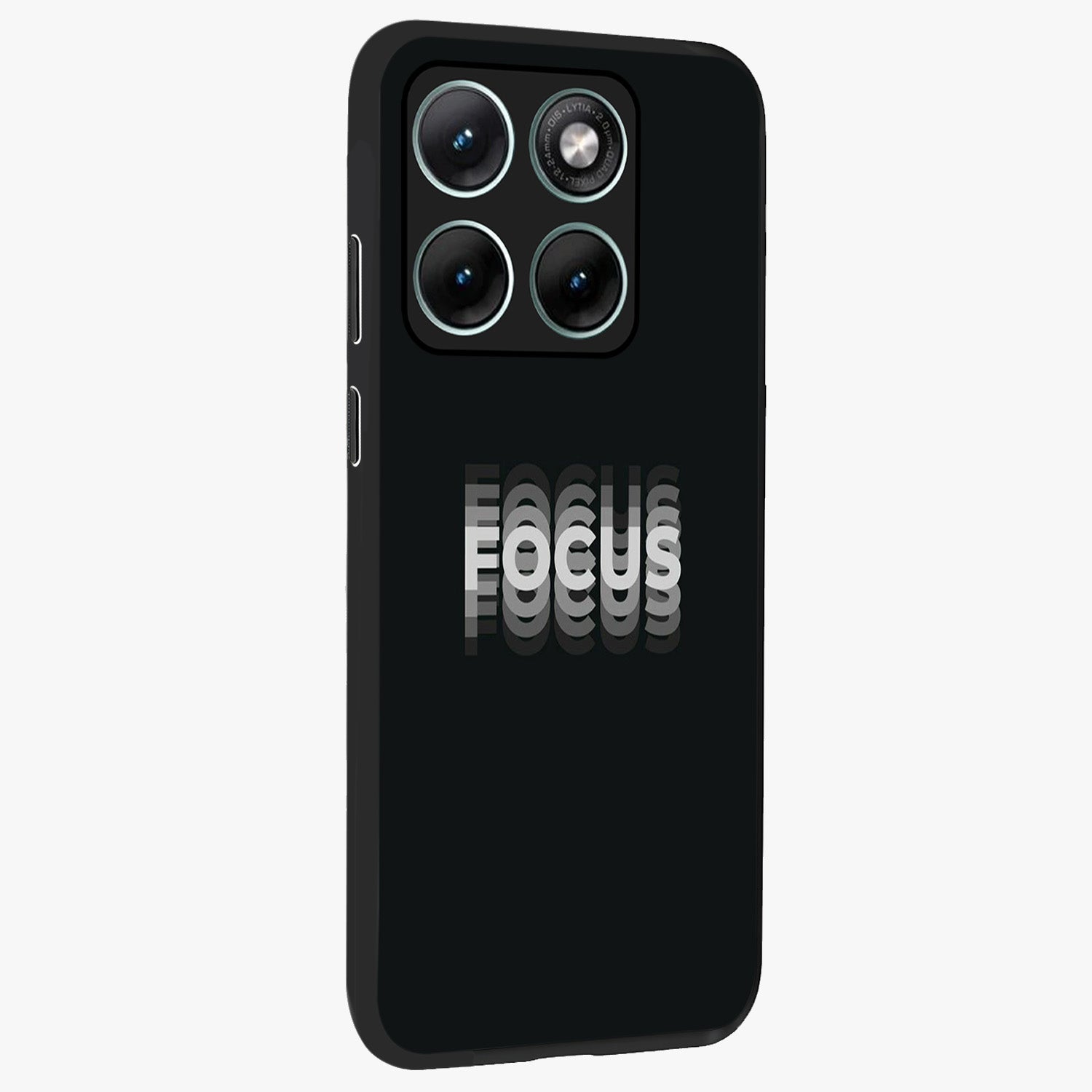 Focus Mode On Glass Case upright view showcasing strong typography statement with sleek motivational theme.