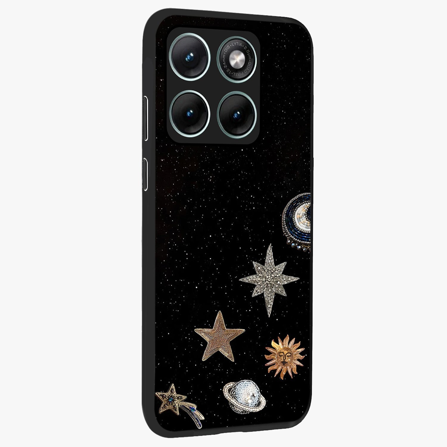 Galactic Charm Glow Glass Case upright view showcasing glowing cosmic charm artwork with magical celestial style.