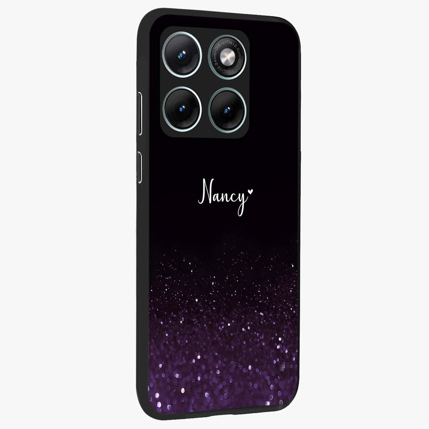Glittery Purple Bokeh Custom Name Glass Case upright view showcasing vibrant purple sparkle artwork with personalized aesthetic style.