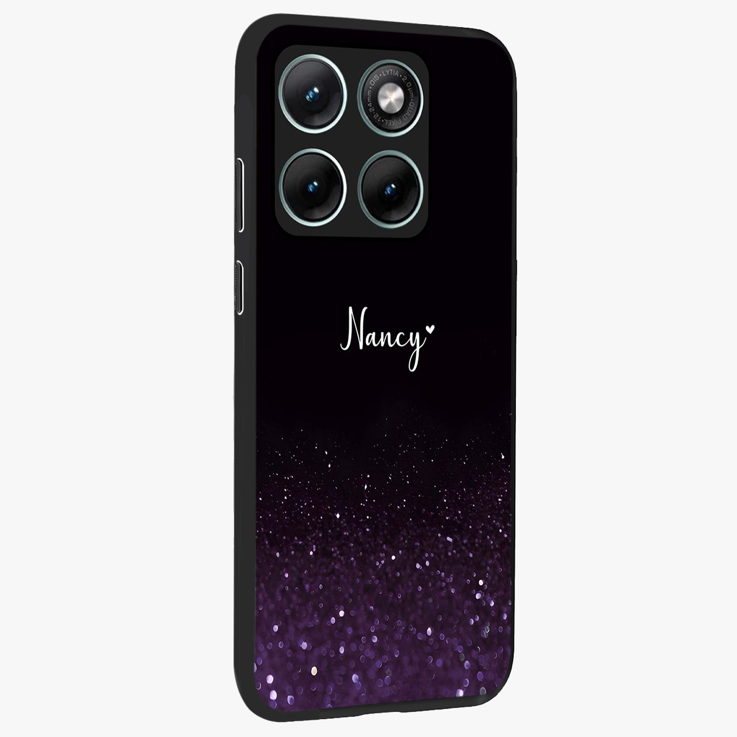 Glittery Purple Bokeh Custom Name Glass Case upright view showcasing vibrant purple sparkle artwork with personalized aesthetic style.