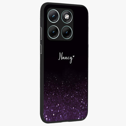 Glittery Purple Bokeh Custom Name Glass Case upright view showcasing vibrant purple sparkle artwork with personalized aesthetic style.