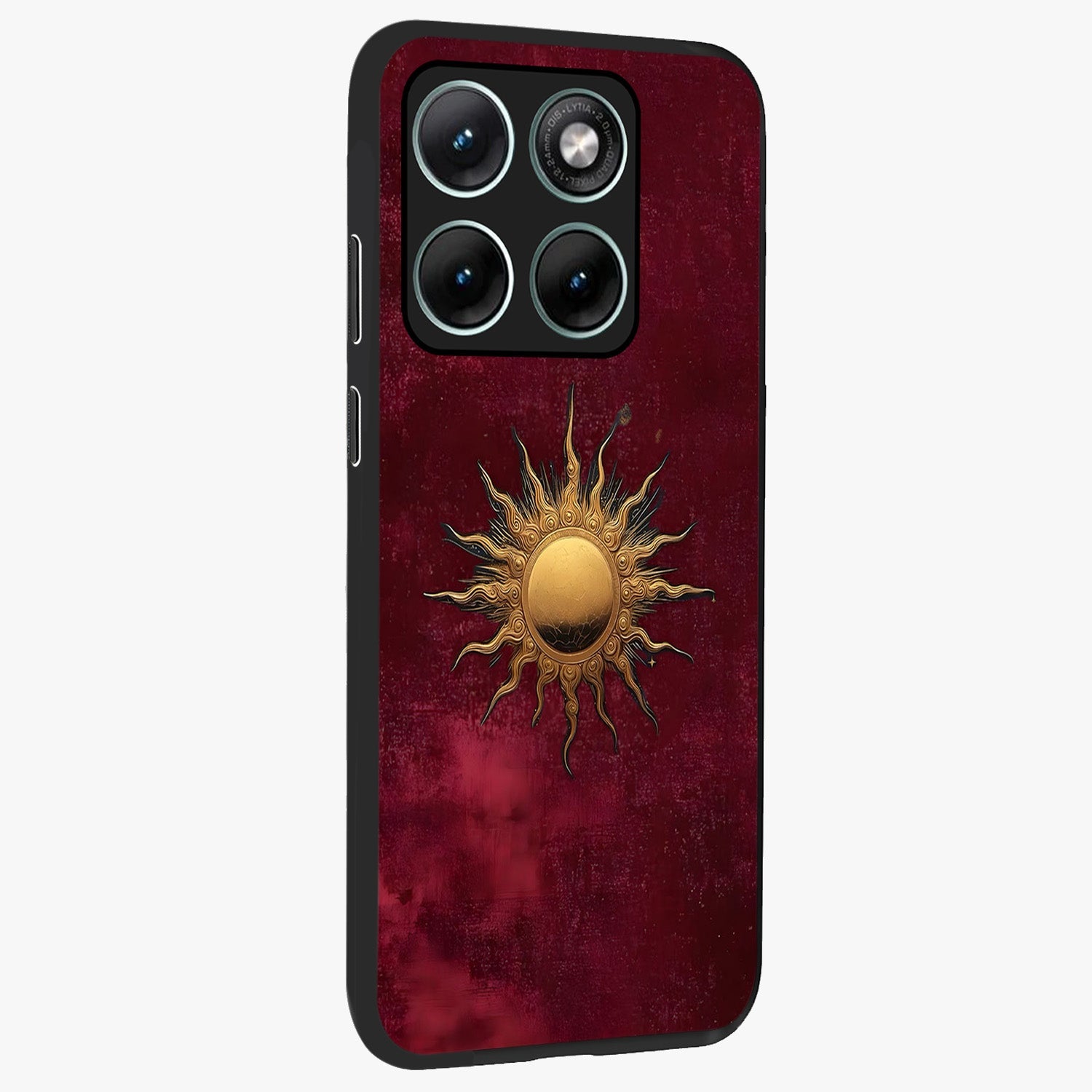 Golden Sun Minimalism Glass Case upright view showcasing simple golden sun artwork with elegant minimalist style.