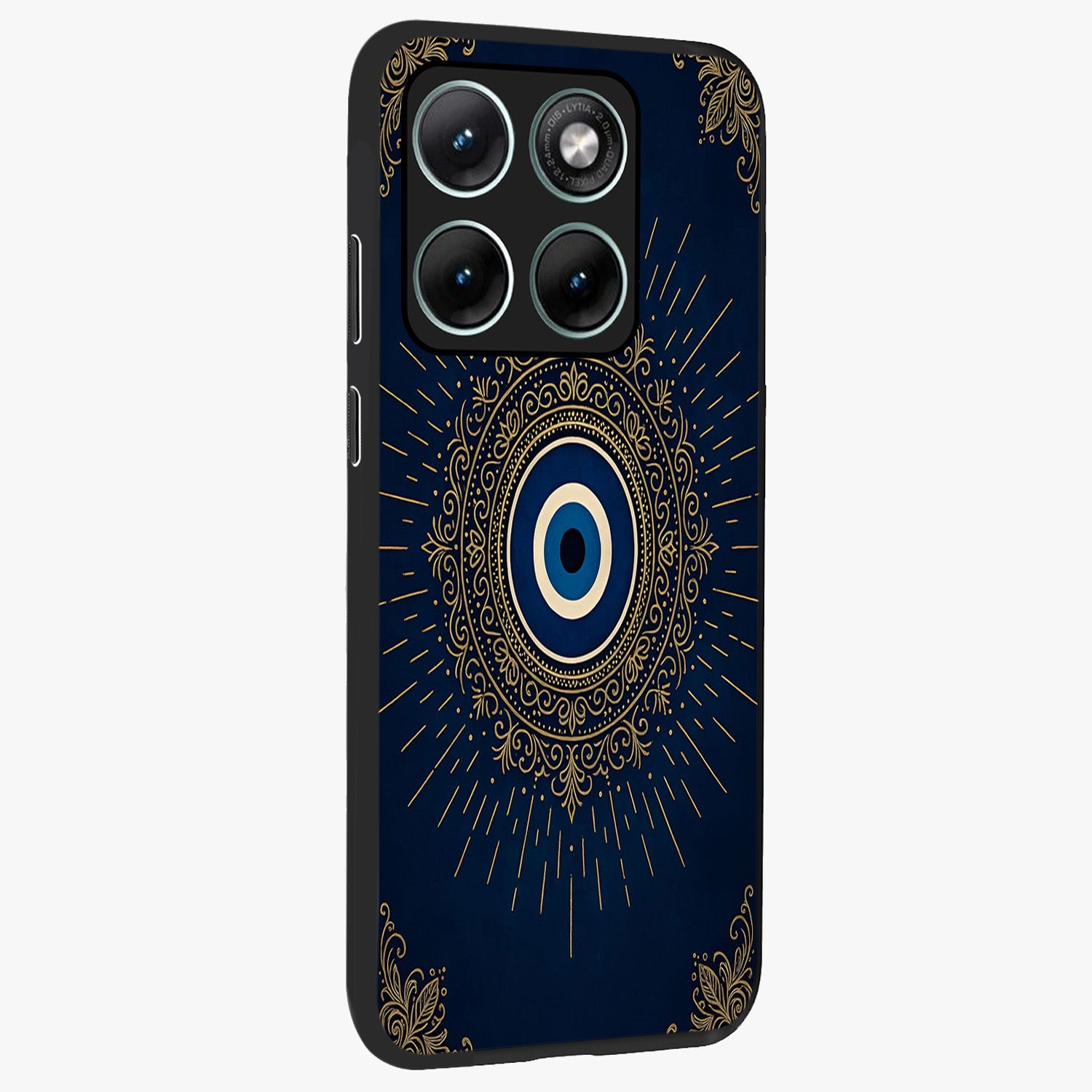 Golden Celestial Charm Glass Case upright view showcasing radiant celestial artwork with elegant golden theme.