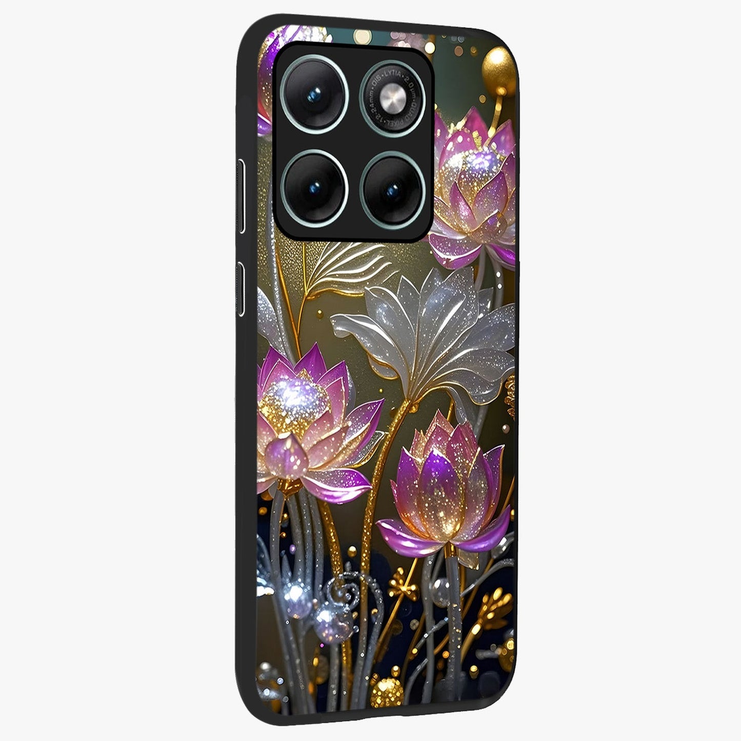 Golden Floral Majesty Glass Case upright view showcasing majestic floral artwork with rich decorative theme.