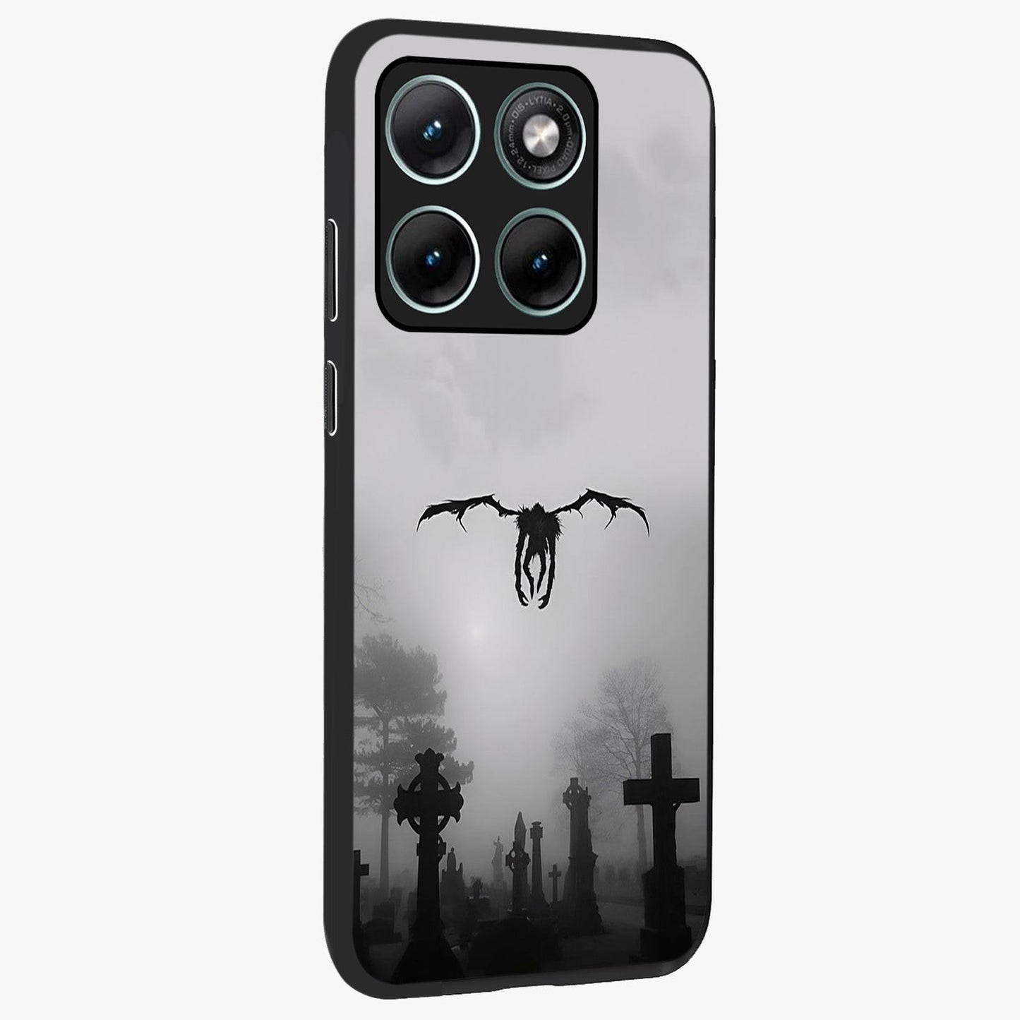 Graveyard Shadow Descent Glass Case upright view showcasing haunting graveyard artwork with dramatic dark theme.