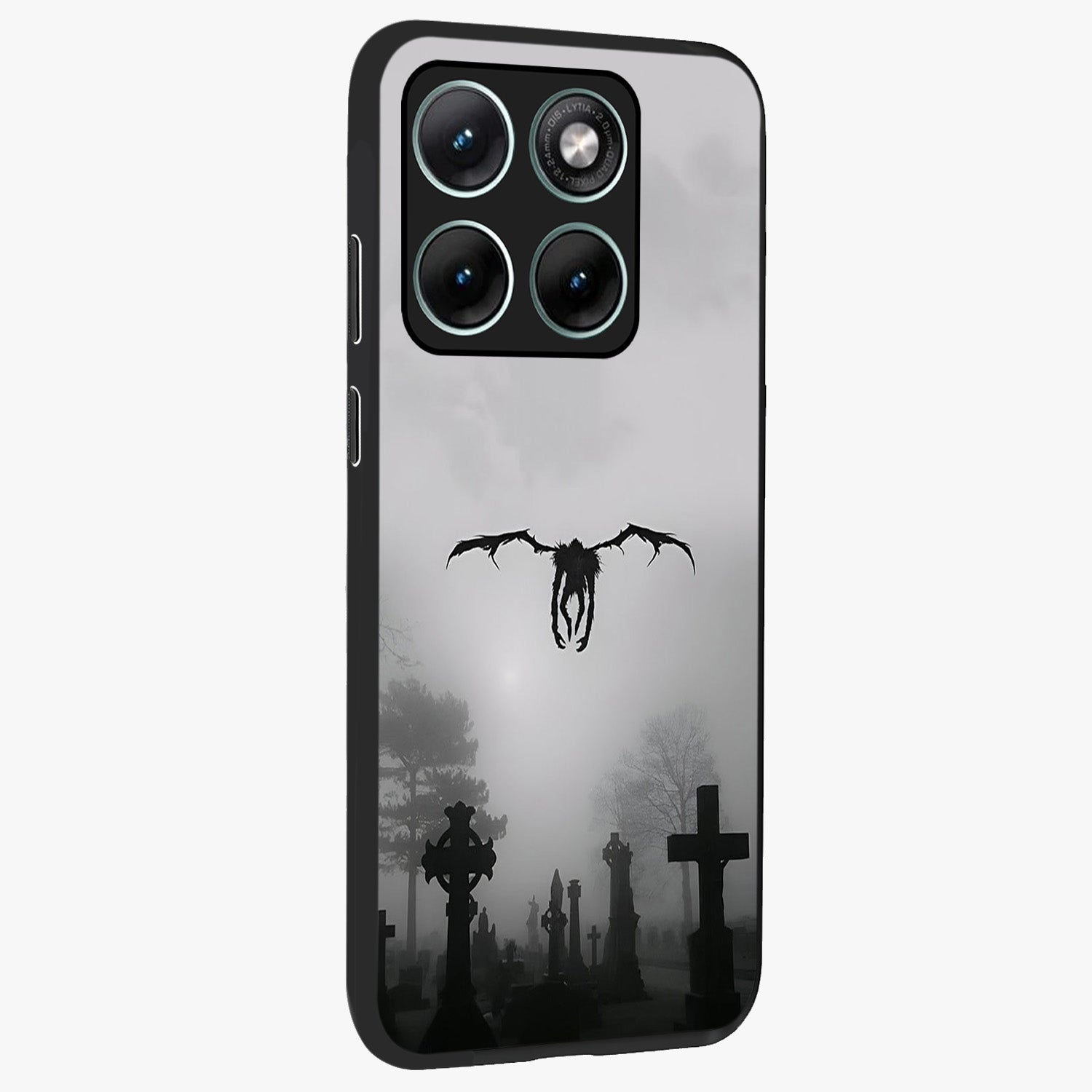Graveyard Shadow Descent Glass Case upright view showcasing haunting graveyard artwork with dramatic dark theme.