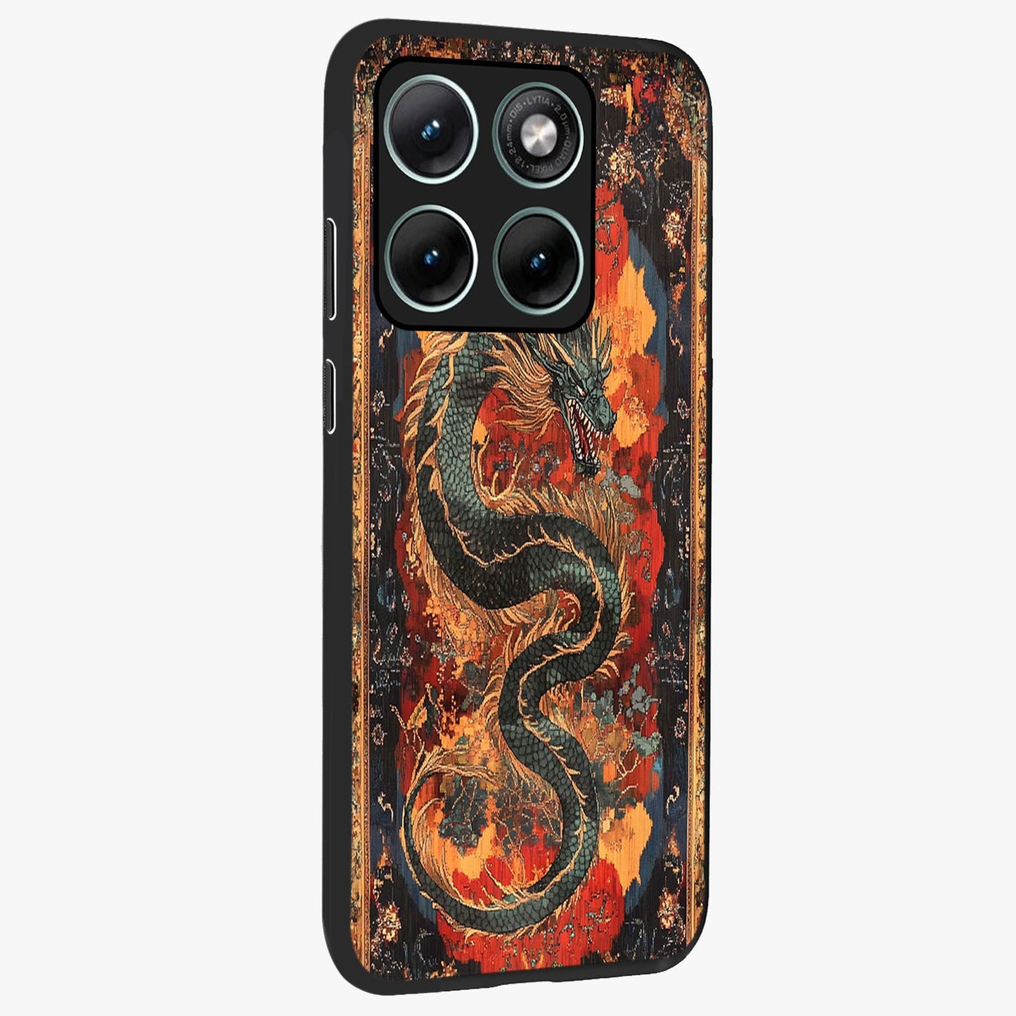 Inferno Dragon Soul Glass Case upright view showcasing intense dragon artwork with fantasy fire theme.