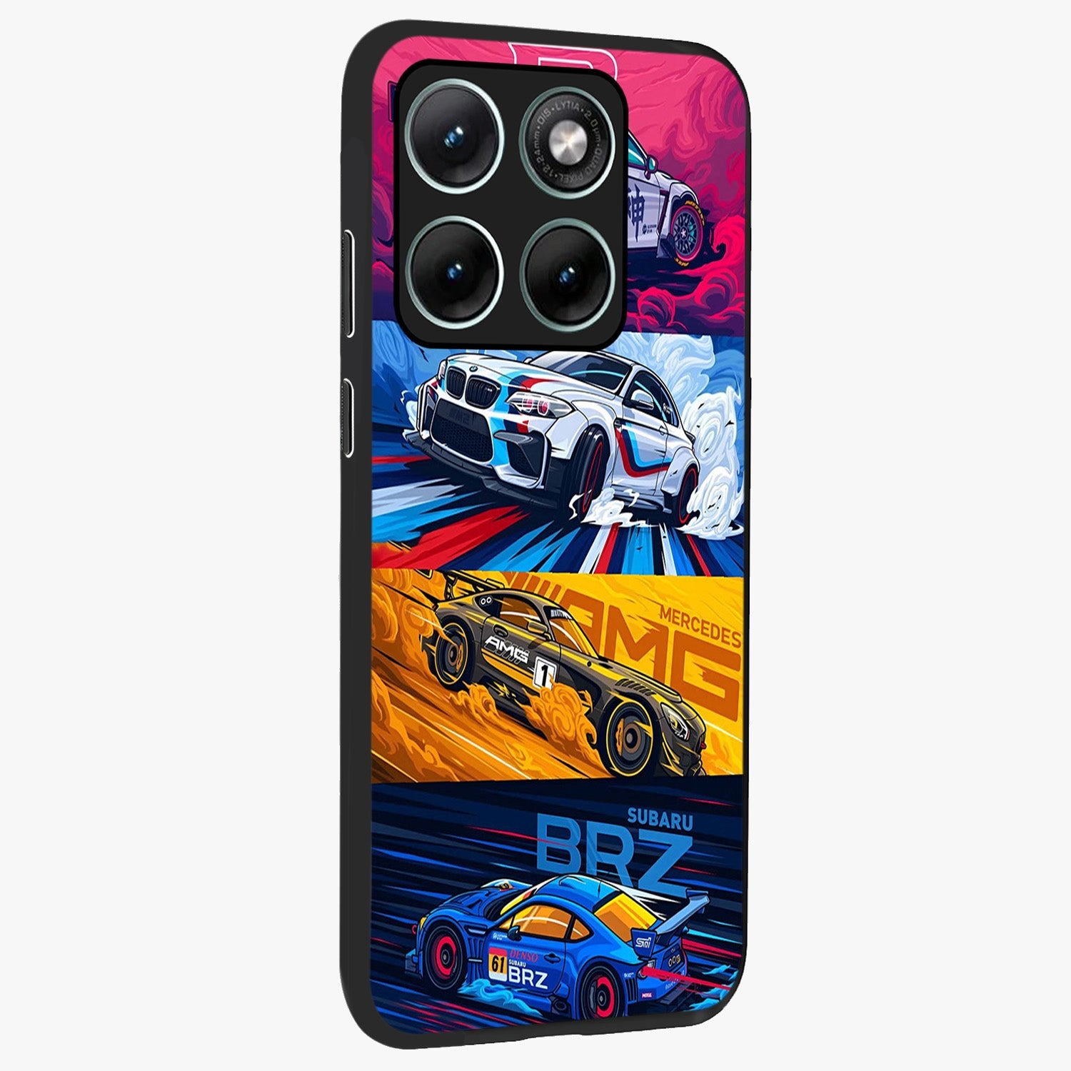 JDM Sports Car Glass Case upright view showcasing dynamic sports car artwork with bold racing theme.