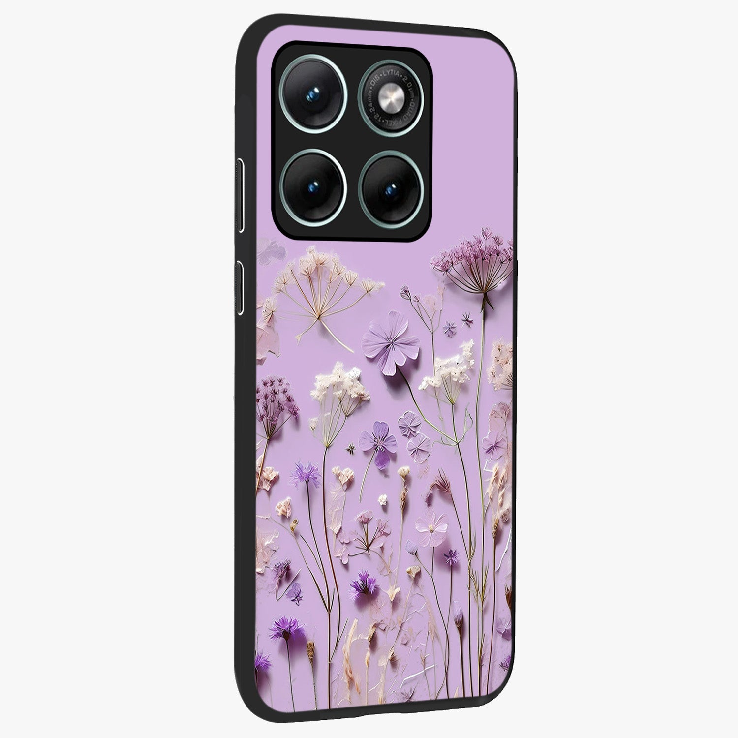 Lavender Blossom Dream Glass Case upright view showcasing delicate lavender blossom artwork with peaceful floral theme.