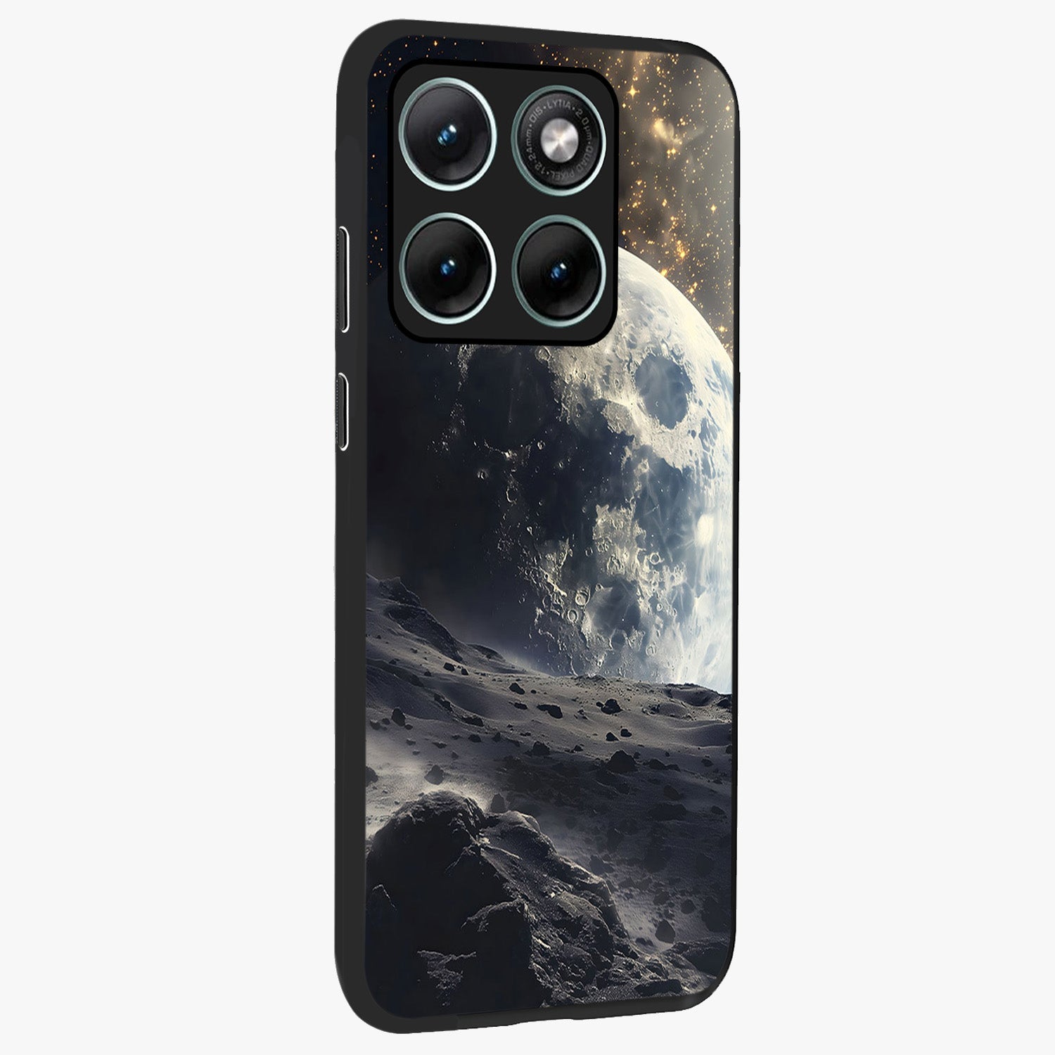 Lunar Horizon Glow Glass Case upright view showcasing radiant lunar artwork with calm cosmic theme.