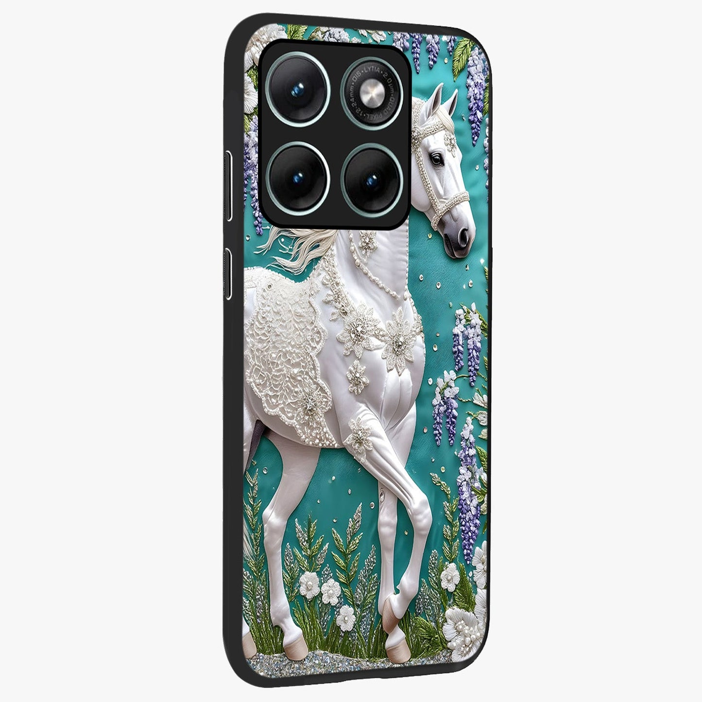 Majestic Floral Stallion Glass Case upright view showcasing dramatic horse artwork with decorative floral theme.