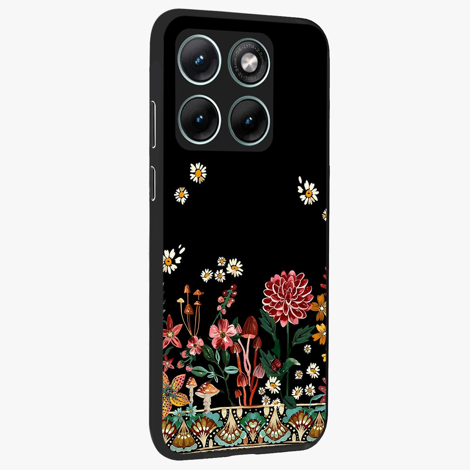 Midnight Bloom Pattern Glass Case upright view showcasing decorative floral artwork with deep night themed palette.