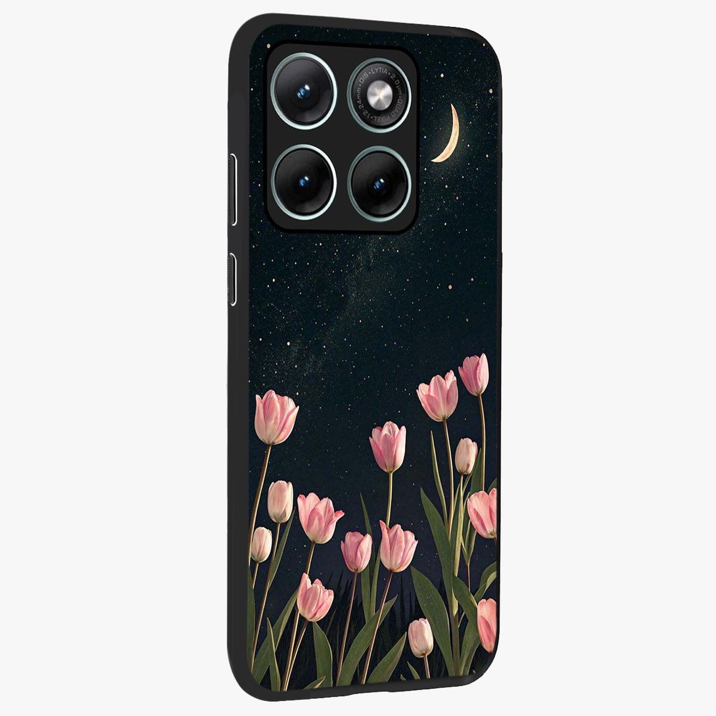 Midnight Tulip Whispers Vibe Glass Case upright view showcasing graceful tulip artwork with calm botanical theme.