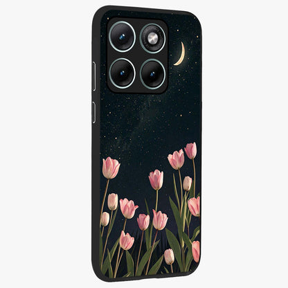 Midnight Tulip Whispers Vibe Glass Case upright view showcasing graceful tulip artwork with calm botanical theme.
