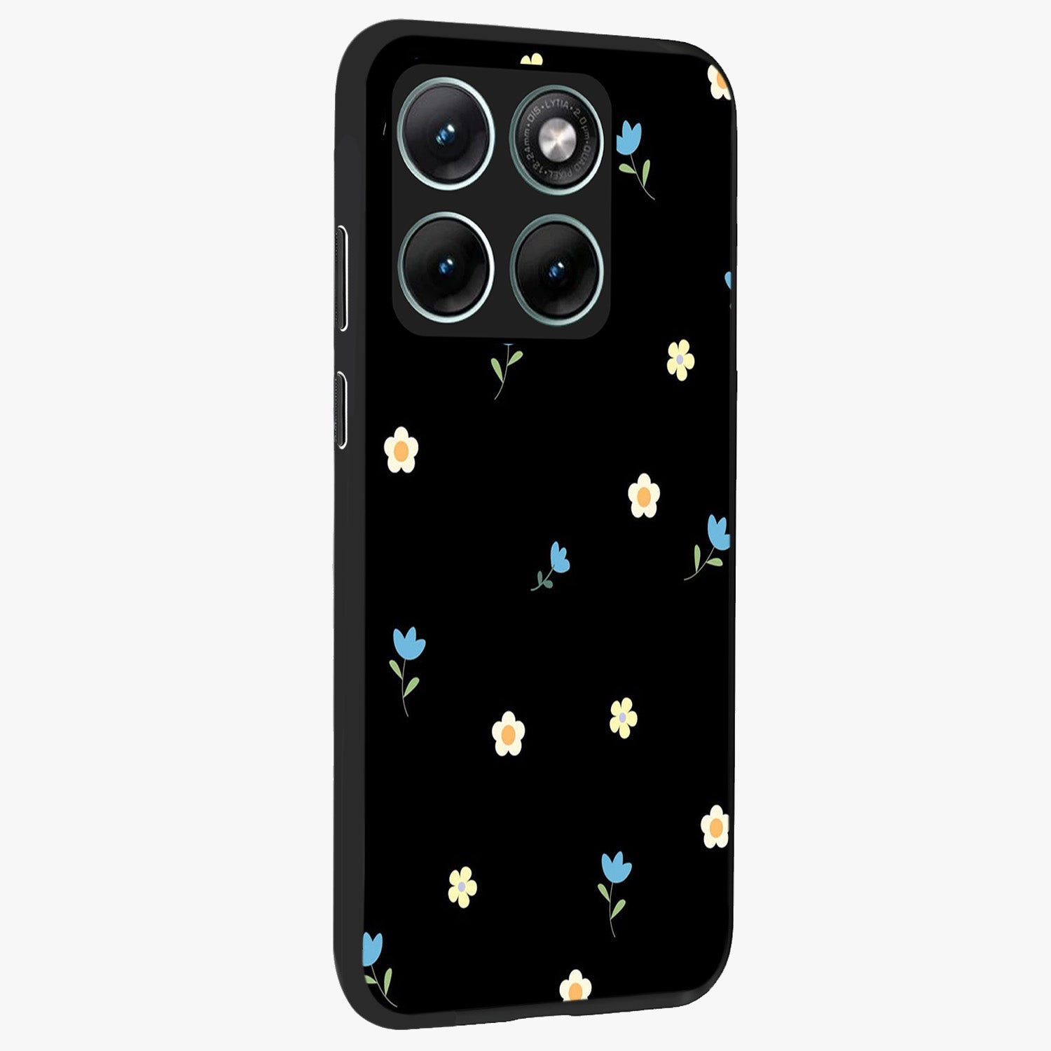 Minimal Petal Whispers Glass Case upright view showcasing elegant floral artwork with modern minimalist style.