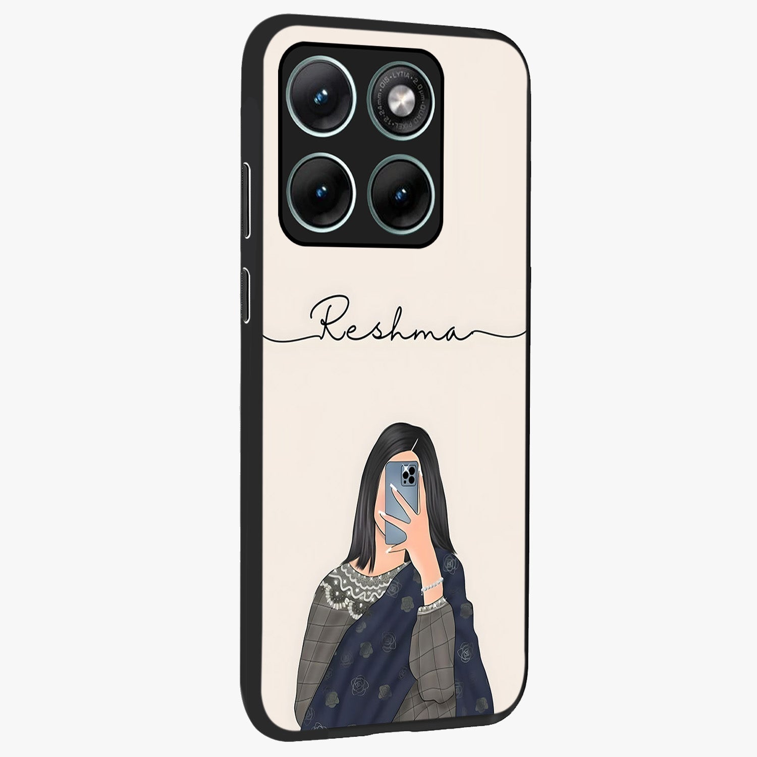 Mirror Mood Muse With Custom Name Glass Case upright view showcasing artistic mirror themed artwork with personalized aesthetic.