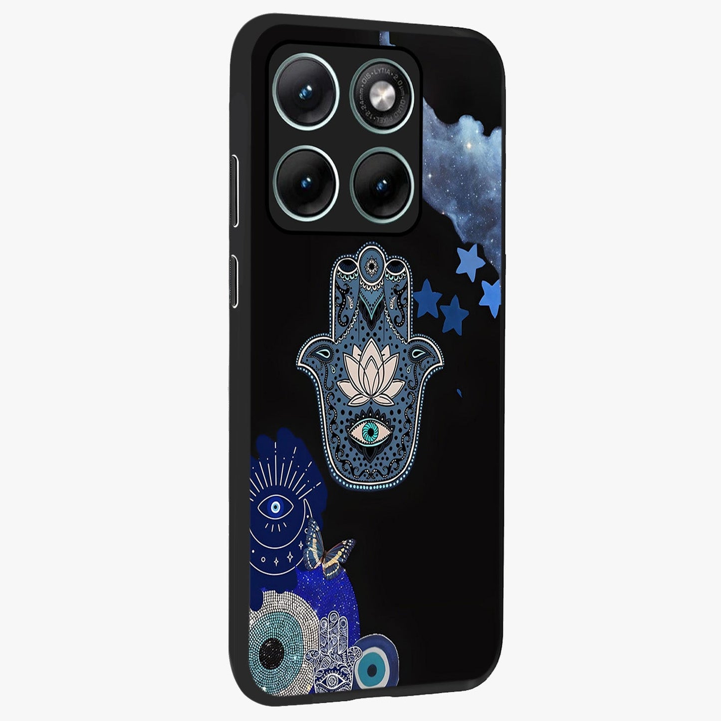 Mystic Hand Aura Glass Case upright view showcasing symbolic hand artwork with mystical energy theme.