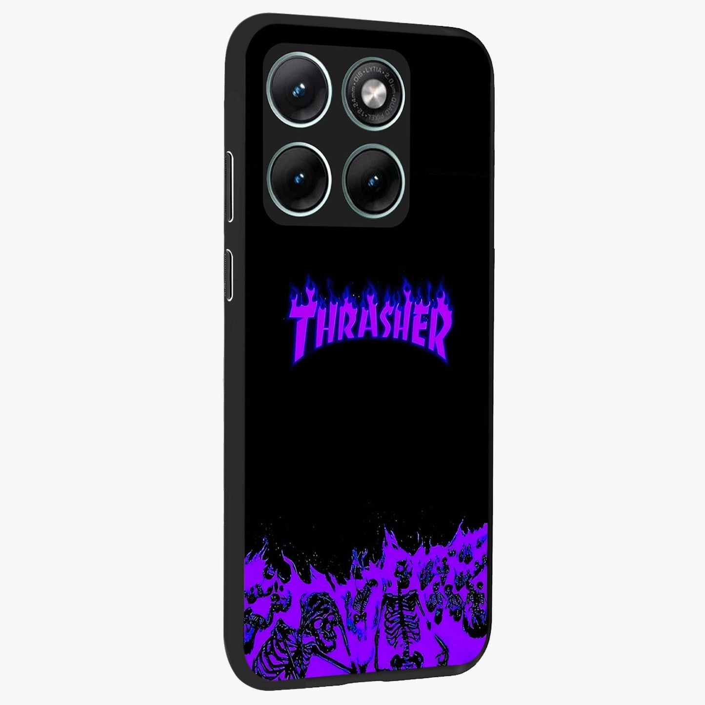 Neon Flame Riot Glass Case upright view showcasing dynamic flame artwork with energetic neon theme.