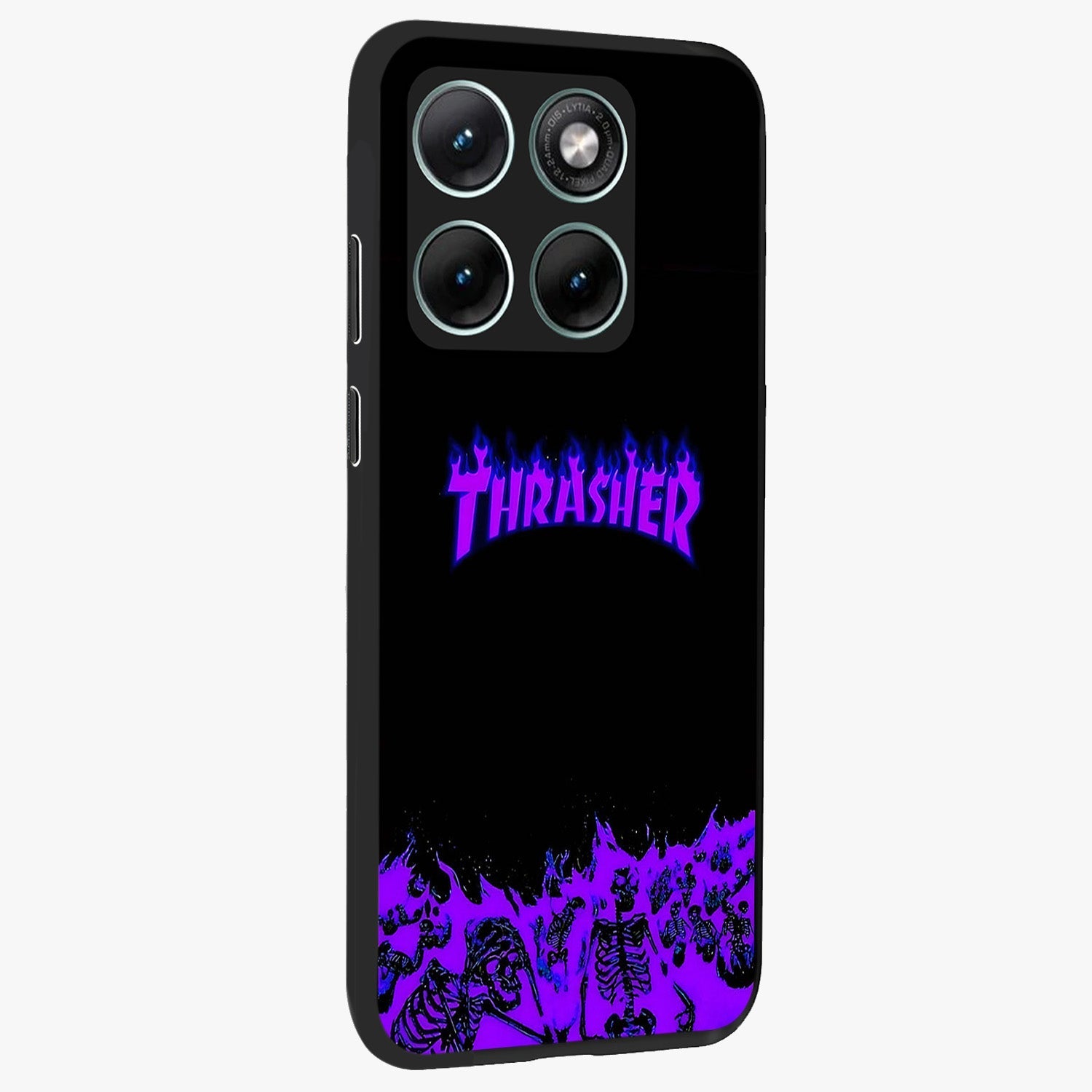 Neon Flame Riot Glass Case upright view showcasing dynamic flame artwork with energetic neon theme.