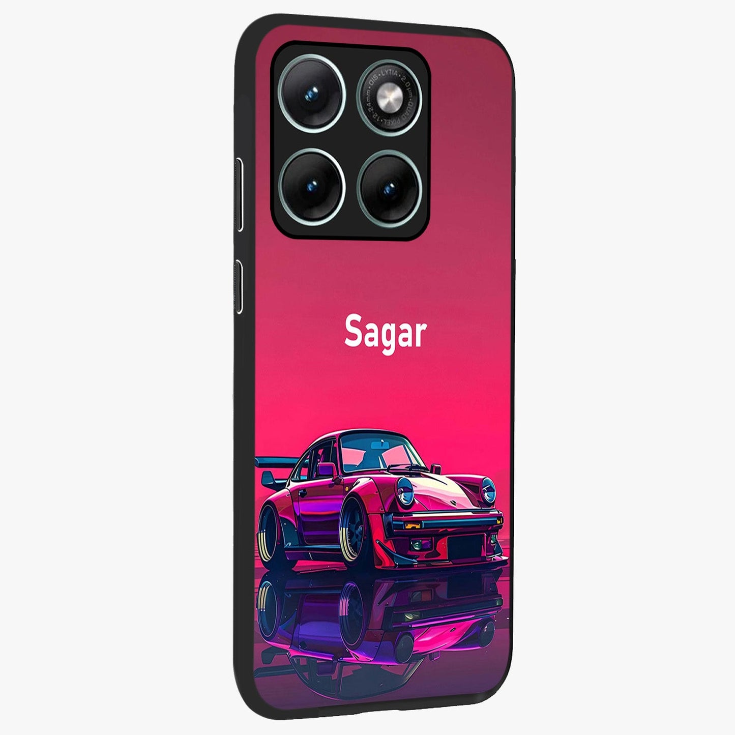 Neon Pink Porsche Glass Case upright view showcasing vibrant sports car artwork with bold automotive theme.