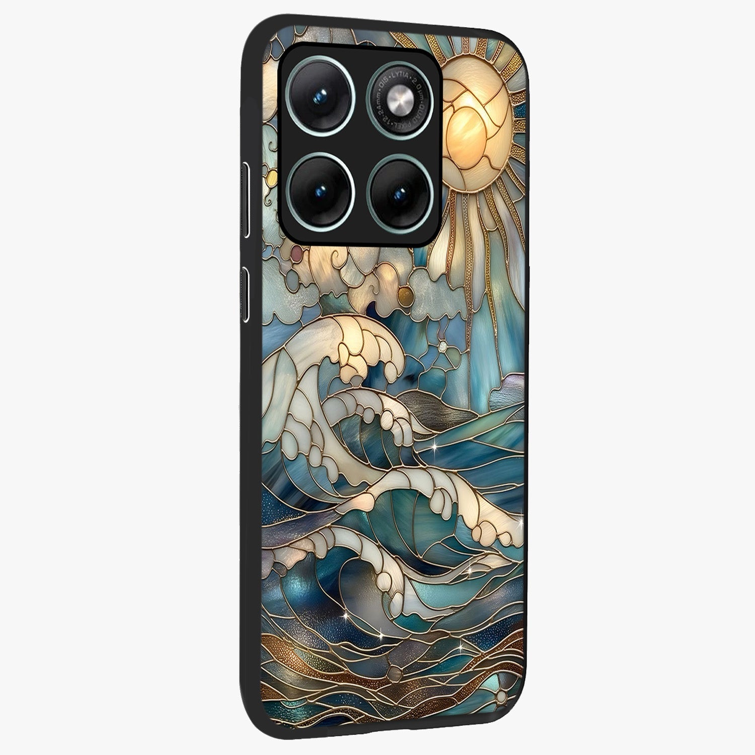Oceanic Stained Printed Glass Case upright view showcasing decorative ocean pattern artwork with vibrant marine theme.
