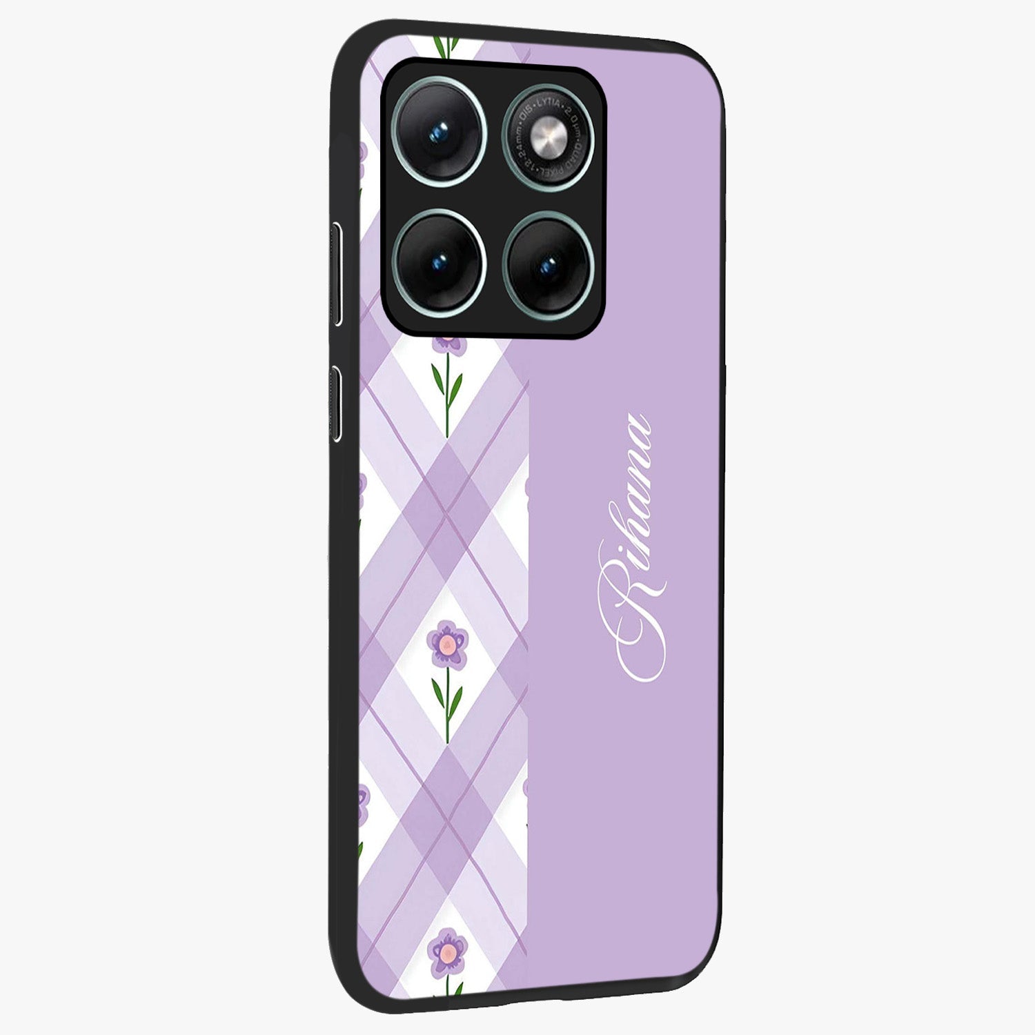 Purple Diamond Floral Glass Case upright view showcasing vibrant floral artwork with stylish geometric theme.