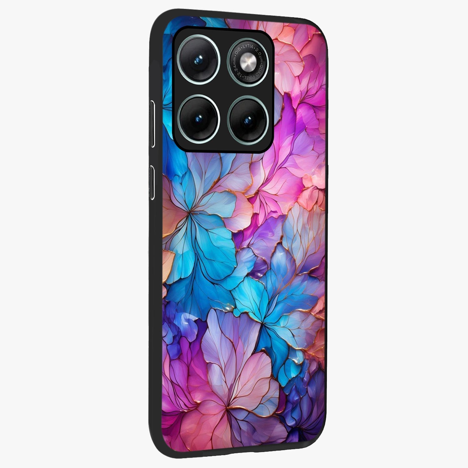 Radiant Floral Whirl Glass Case upright view showcasing lively floral artwork with decorative swirl theme.
