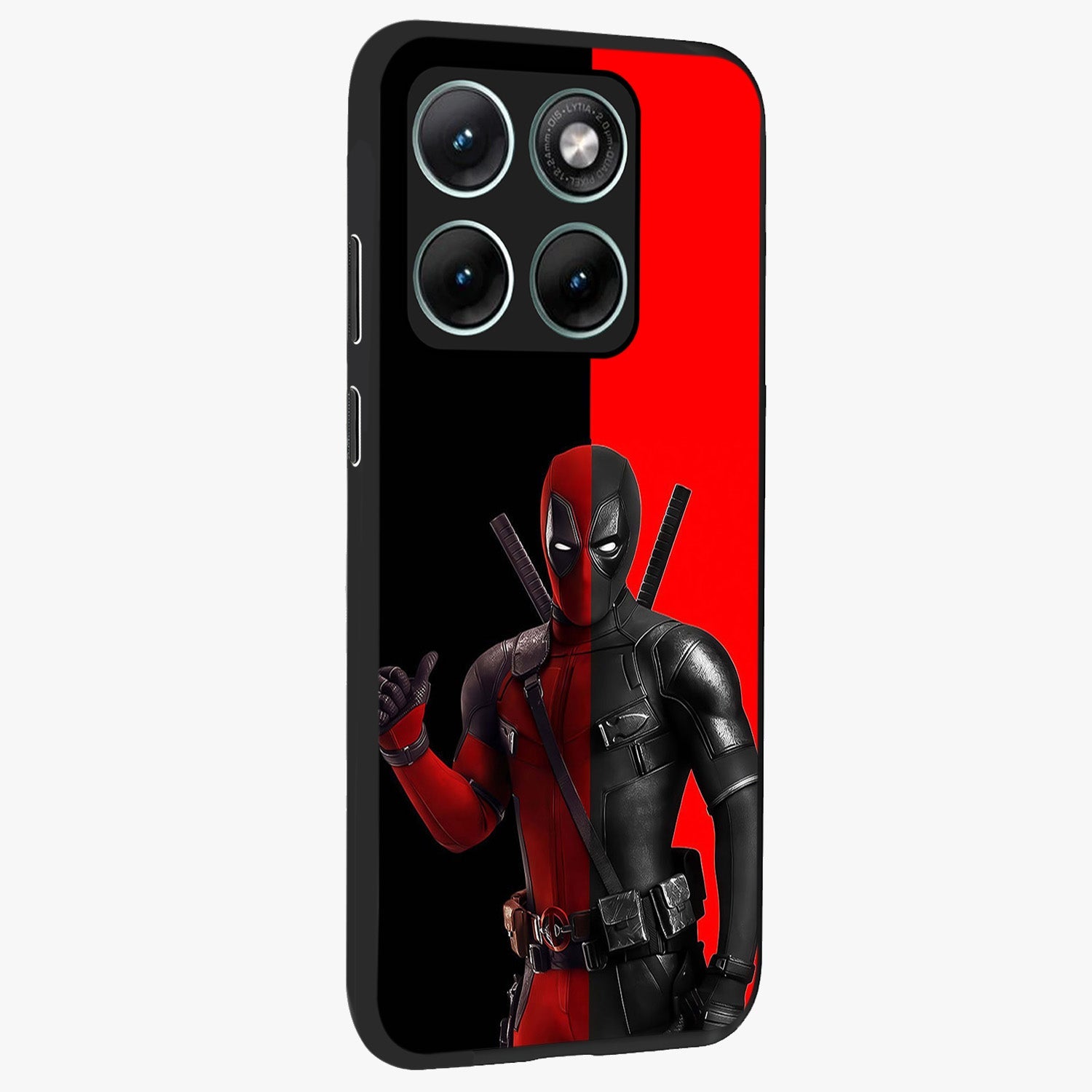 Red & Black Deadpool Theme Glass Case upright view showcasing energetic comic themed artwork with striking red and black design.