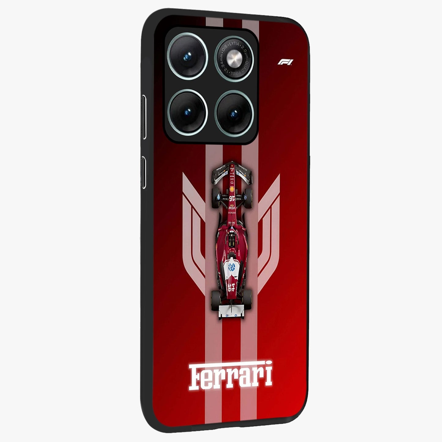 Red Ferrari F1 Vertical Glass Case upright view showcasing powerful Formula car artwork with dynamic motorsport theme.