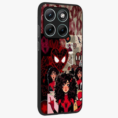 Spider Love Story Glass Case upright view showcasing charming superhero artwork with romantic comic theme.