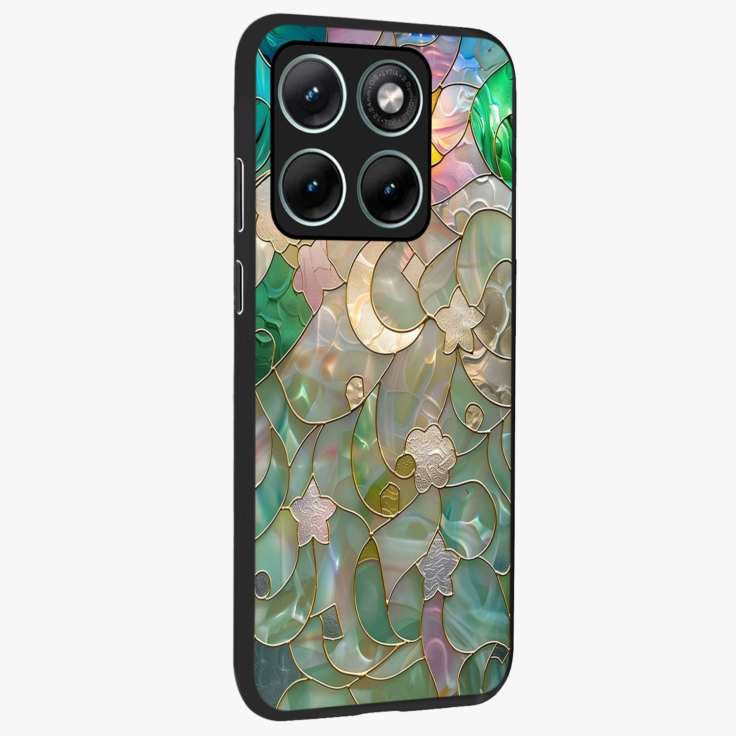 Stained Sunrise Glow Glass Case upright view showcasing colorful sunrise artwork with warm morning theme.