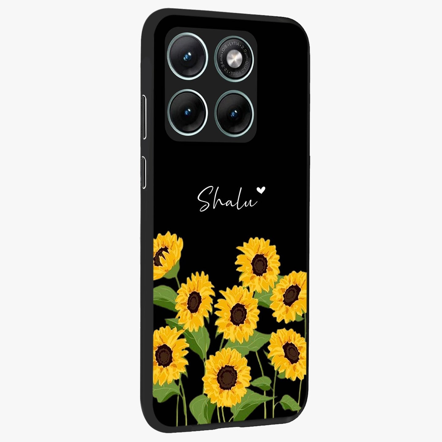 Sunflower Chic Mood Custom Name Glass Case upright view showcasing cheerful sunflower artwork with trendy floral theme.