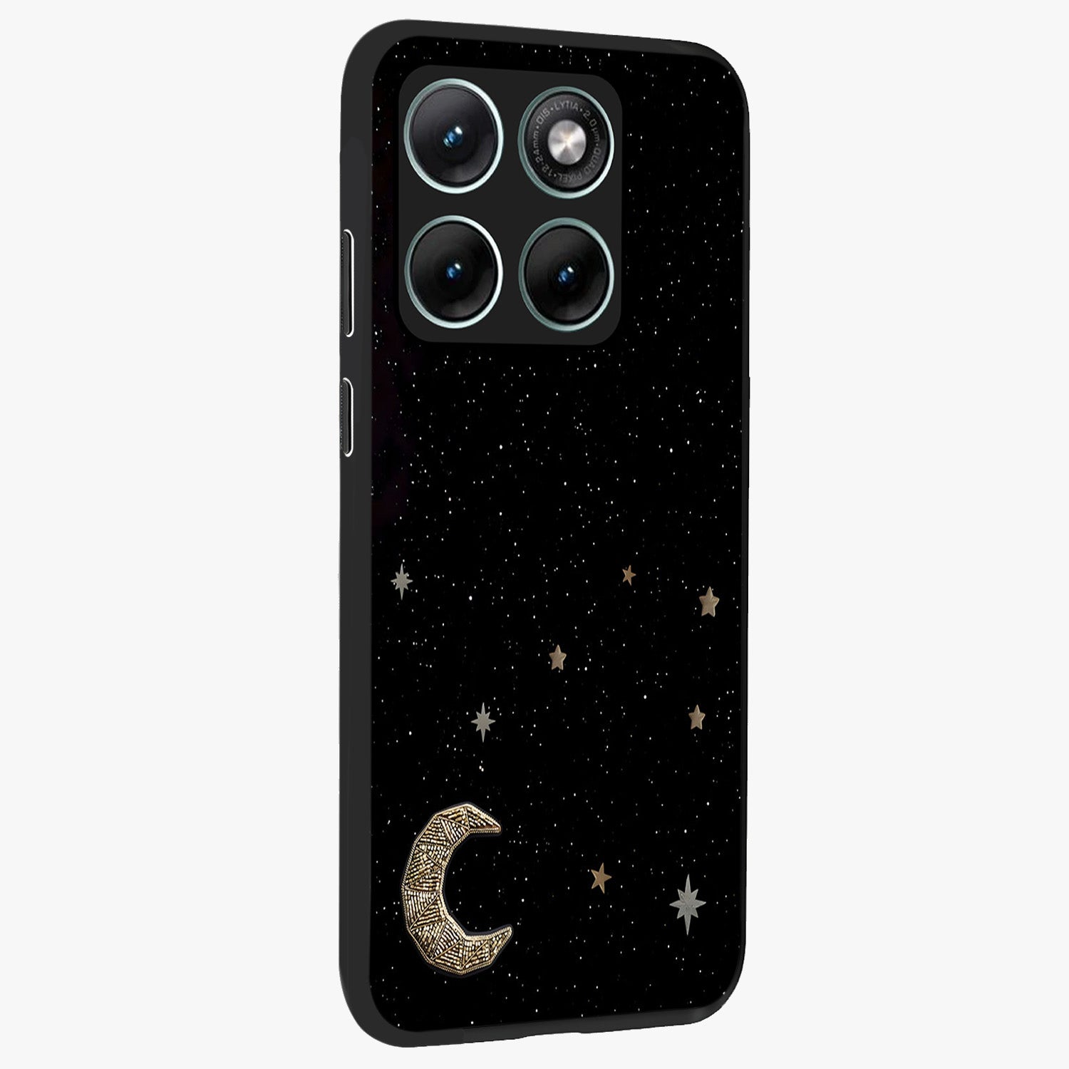 Twinkle Star With Half Moon Glass Case upright view showcasing glowing cosmic artwork with dreamy night theme.