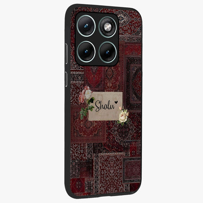 Velvet Wine Pattern Custom Name Glass Case upright view showcasing luxurious wine toned artwork with personalized aesthetic.