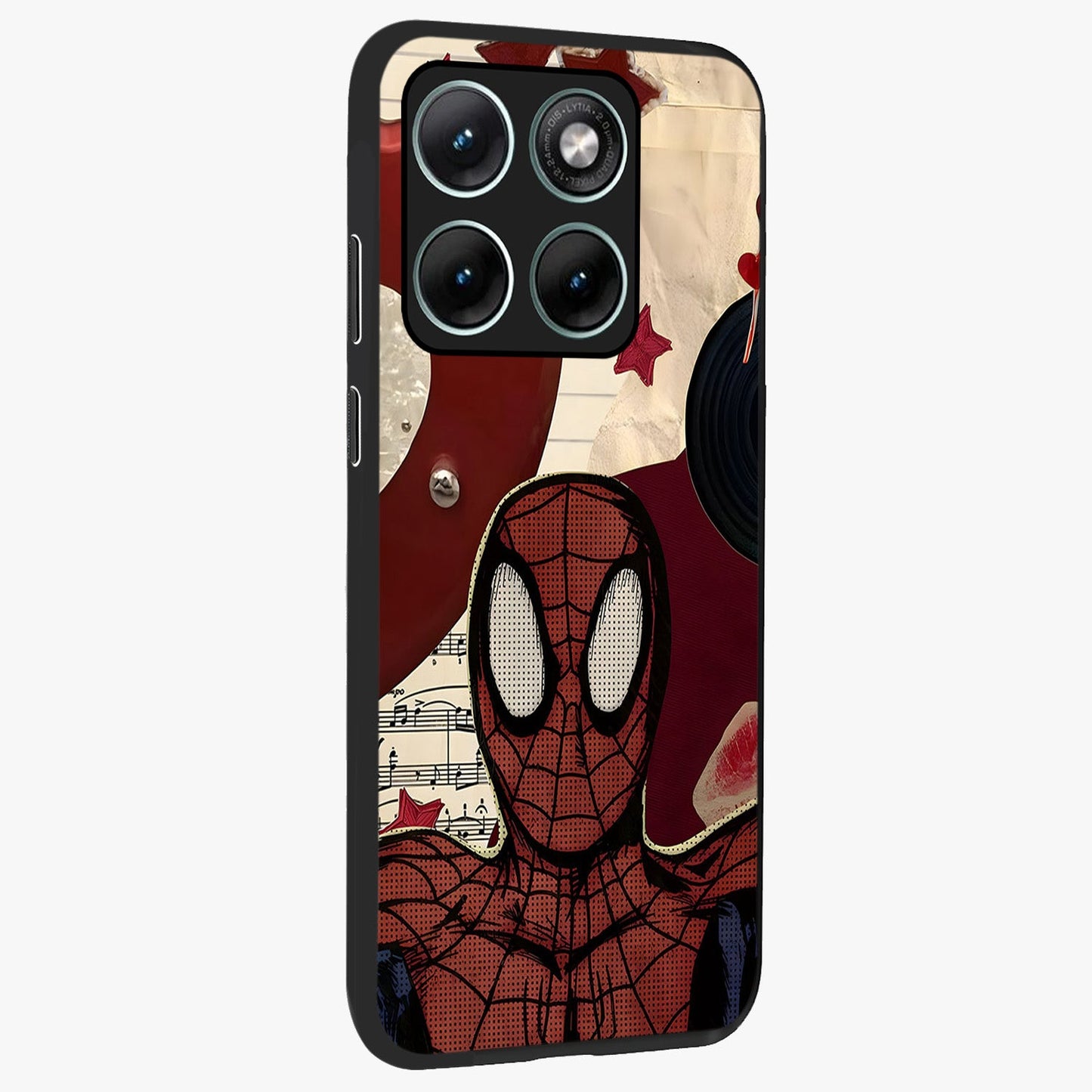 Web Warrior Vibes Glass Case upright view showcasing energetic superhero artwork with bold action theme.