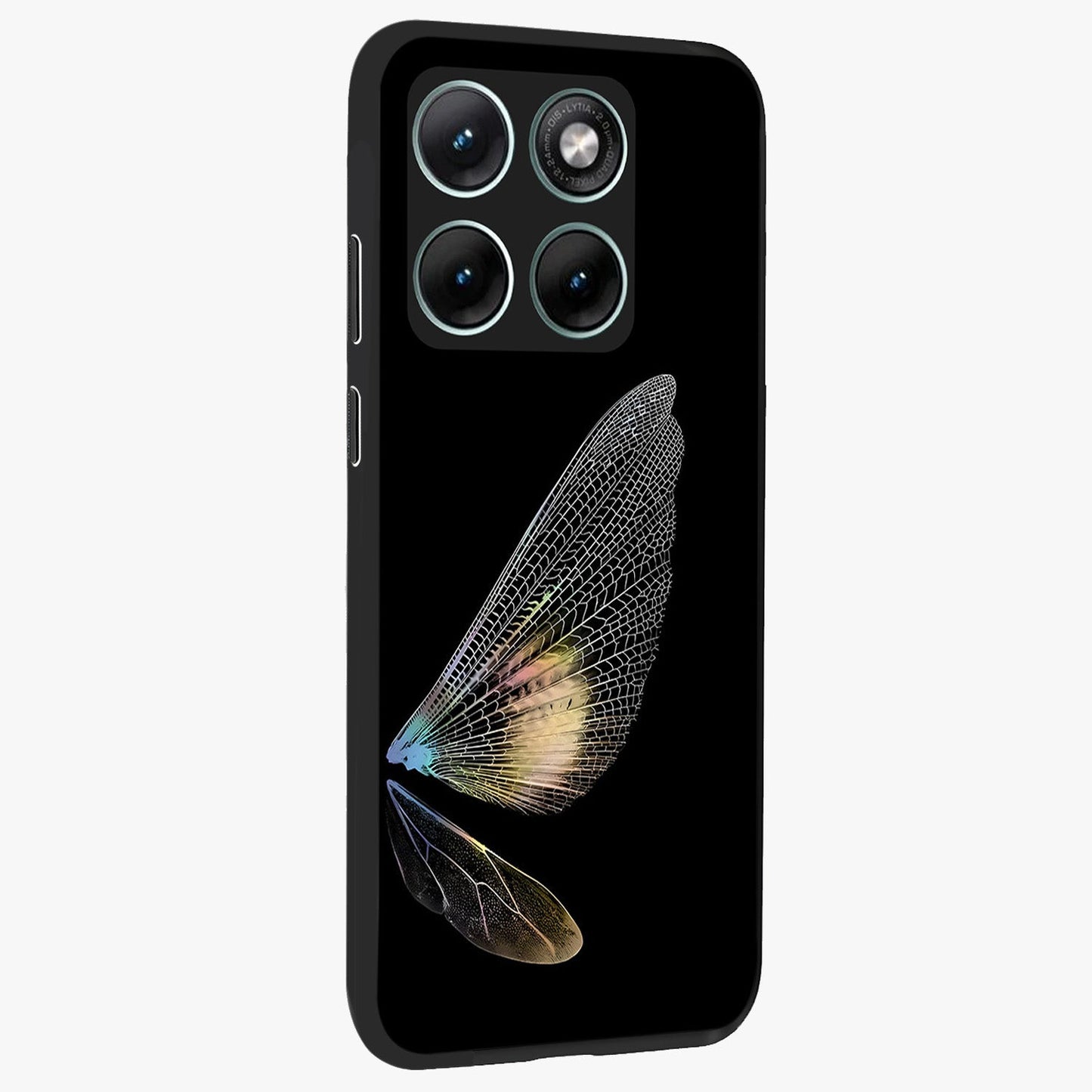 Whispers Of Wings Glass Case upright view showcasing elegant wing artwork with light airy theme.