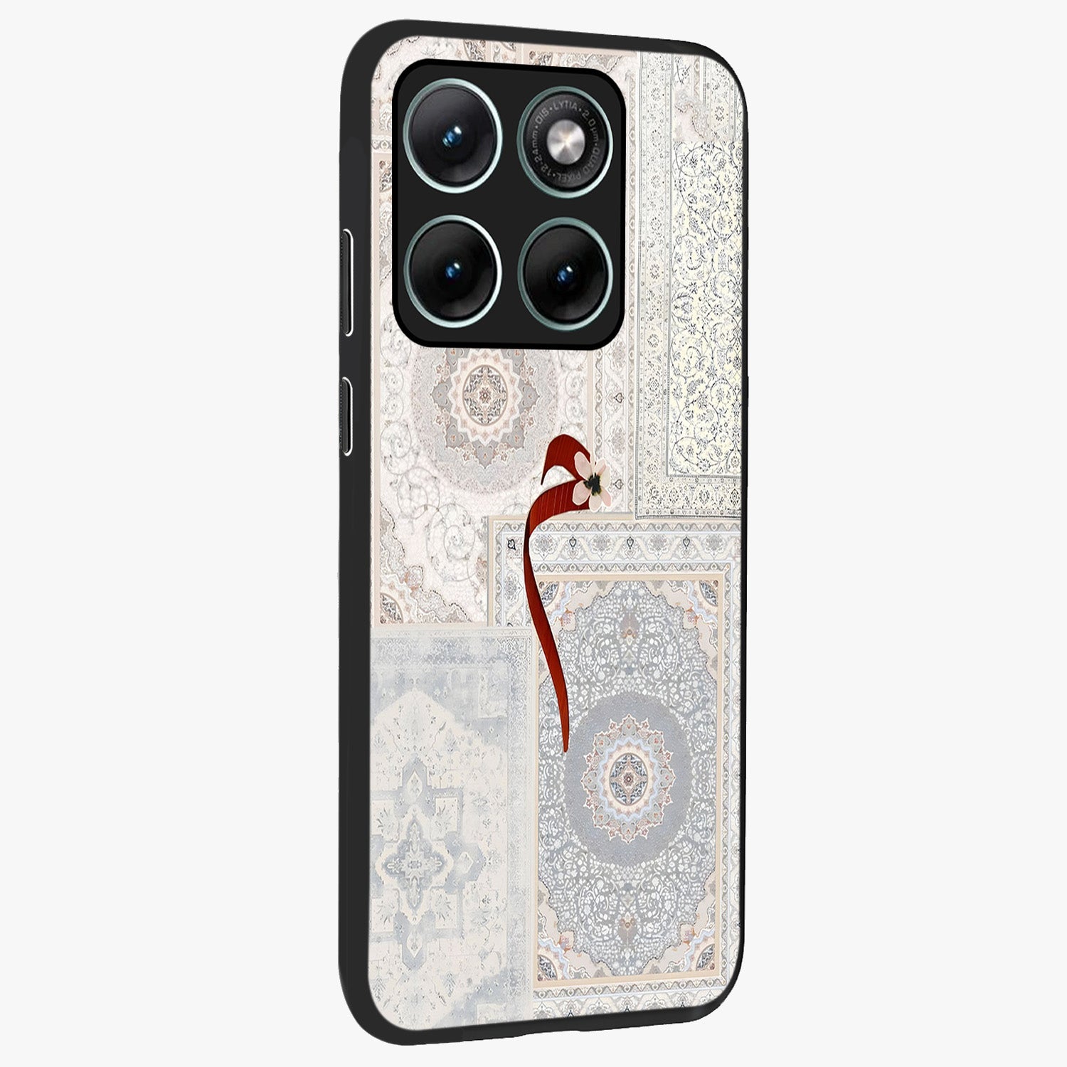 White Aesthetic Bow Glass Case upright view showcasing delicate ribbon bow artwork with cute minimalist theme.